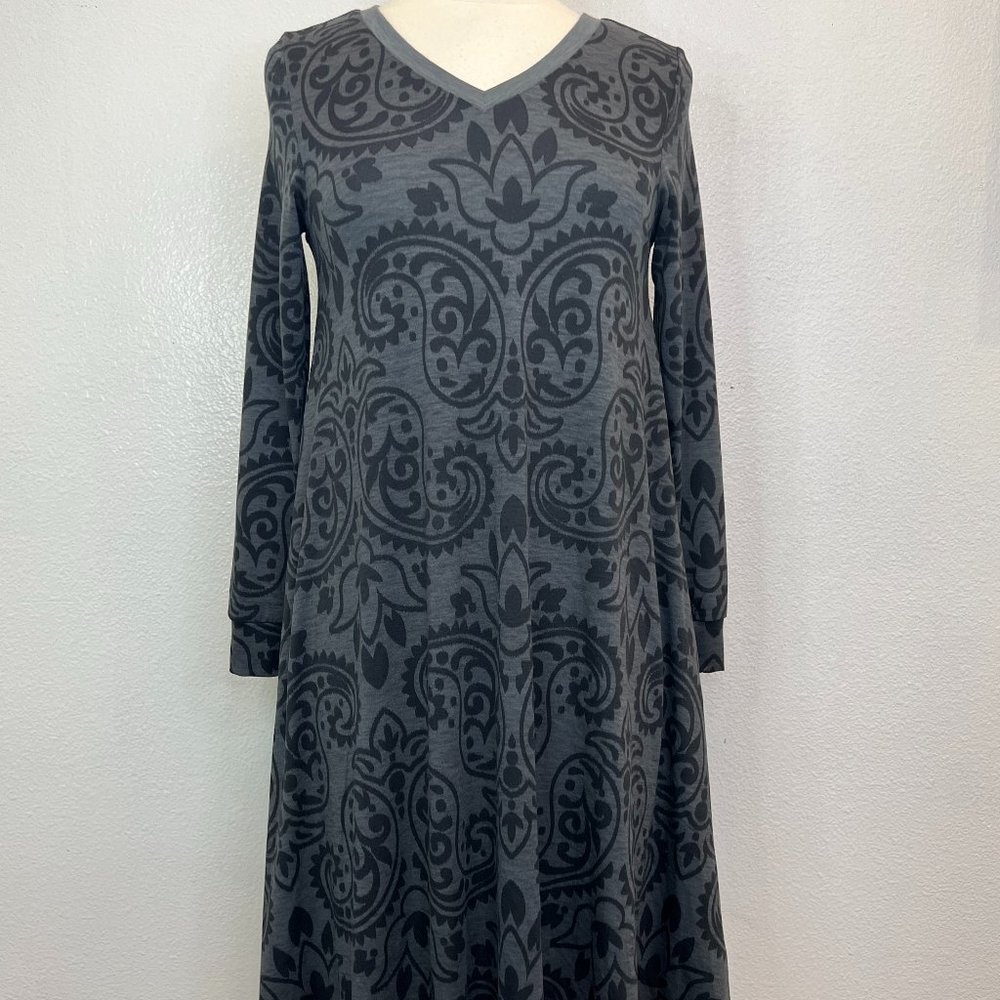 NWT LuLaRoe EMILY Gray Black Paisley Print Long Sleeve Dress Size XXS